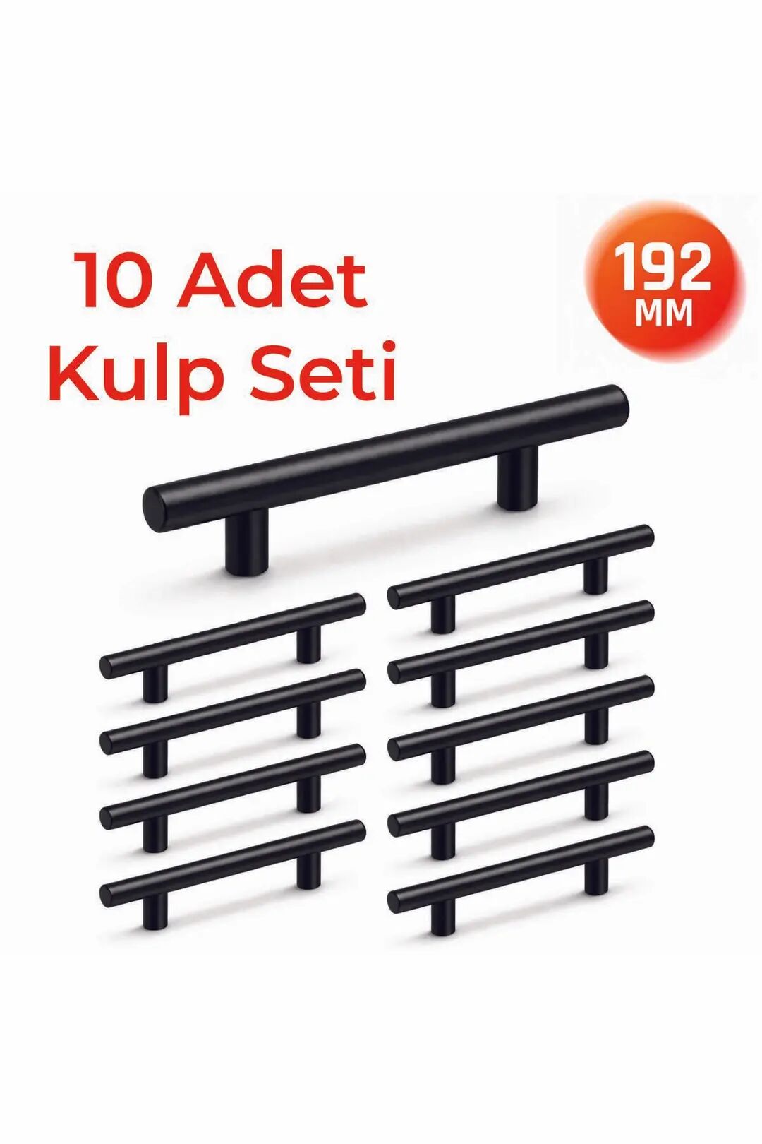192 mm Metal Mobilya Kulpu – Mutfak Dolap Çekmece Kulpu, Dekoratif Kulp Seti (10 Adet) Mat Siyah