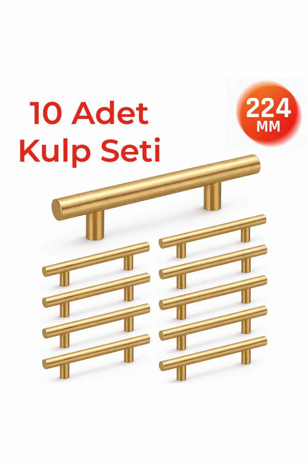 224 mm Metal Mobilya Kulpu – Mutfak Dolap Çekmece Kulpu, Dekoratif Kulp Seti (10 Adet) Mat Altın
