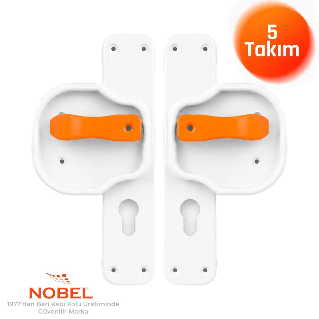 Okul Kapı Kolu –Kreş, Anaokulu ve Sınıf Kapıları İçin Çocuk Korumalı Emniyetli Dayanıklı Plastik Kapı Kolu - Beyaz Turuncu (5 adet)